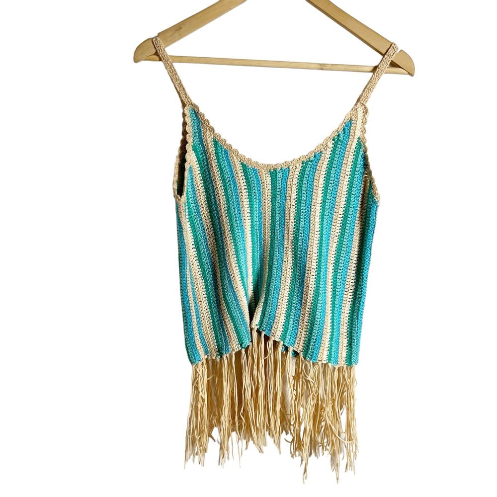 Anthropologie RAGA Blue Tan Crochet Knit Fringe Hem Tank Top Size Small
